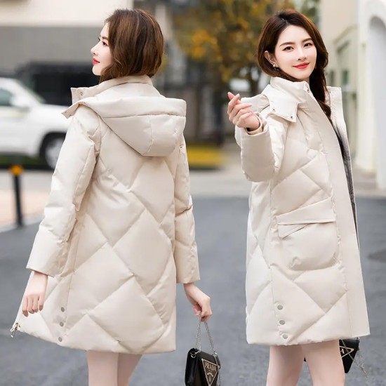 Fall And Winter Women Hooded Zipper Down Jacket Fashion Loose Parka Storm-Ready Long Knee Length Duck Down Jacket