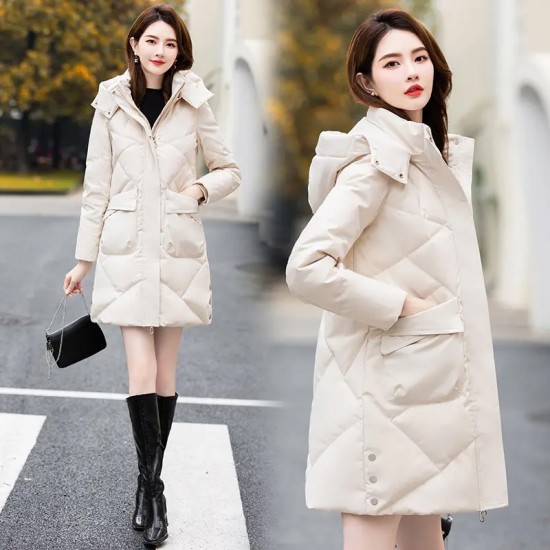 Fall And Winter Women Hooded Zipper Down Jacket Fashion Loose Parka Storm-Ready Long Knee Length Duck Down Jacket