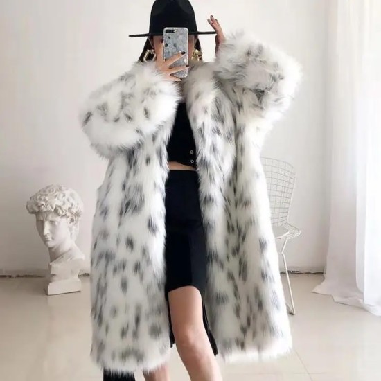 2022 European and American Imitation Fur Coat Women's Medium Length No Belt Spotted Long Sleeve Leopard Print Long Fur Coat