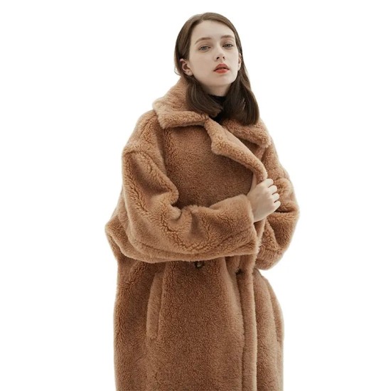 Warm Thicken Genuine Trench Woolen Leather Winter Lamb Fur Long Overoat Shearling Coat For Women