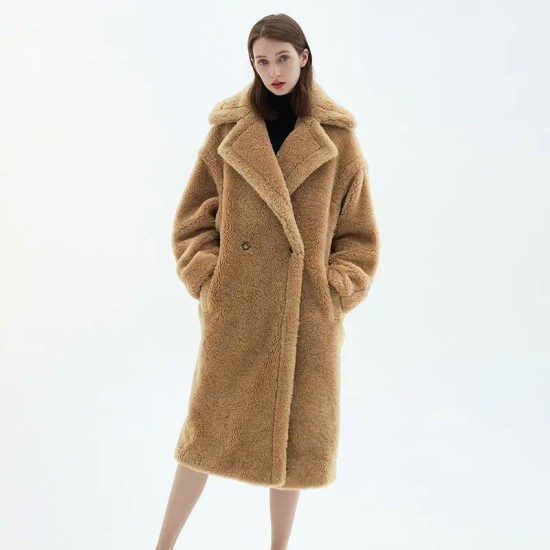 Warm Thicken Genuine Trench Woolen Leather Winter Lamb Fur Long Overoat Shearling Coat For Women