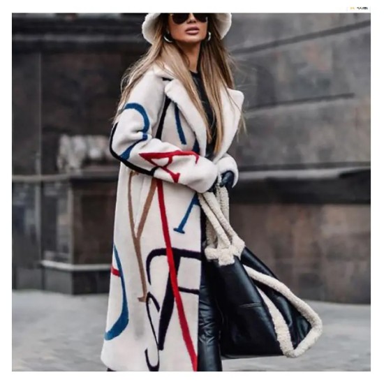 Hot Sale Winter Plus Size Womens Clothing Letter Printing Casual Single Button Windbreaker Lapel Trench Coat