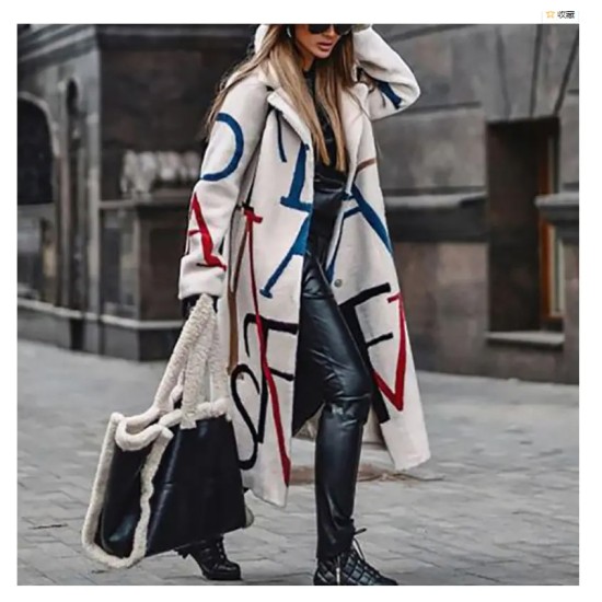 Hot Sale Winter Plus Size Womens Clothing Letter Printing Casual Single Button Windbreaker Lapel Trench Coat