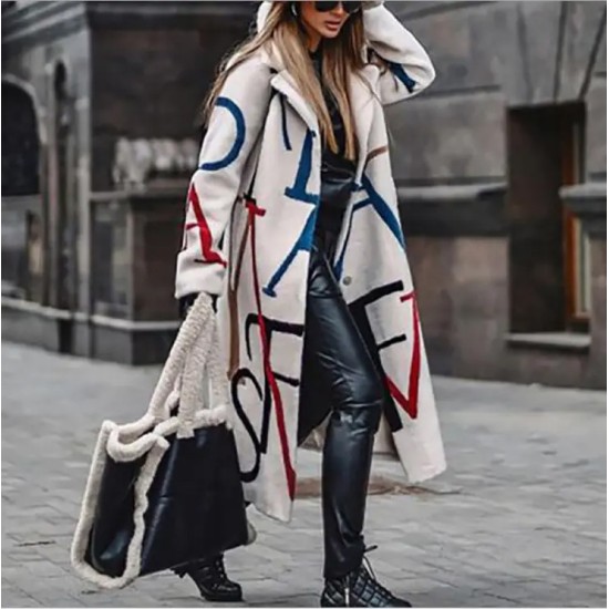 Hot Sale Winter Plus Size Womens Clothing Letter Printing Casual Single Button Windbreaker Lapel Trench Coat