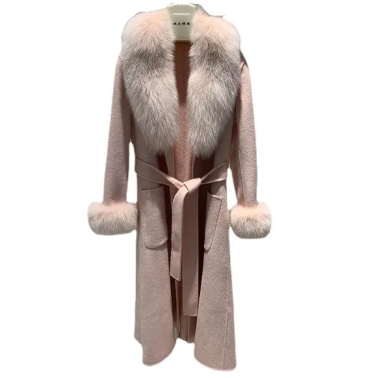  New Fashion Style Double Face Wool Coat With Fox Fur Collar Cuffs Women's Winter Long Coats