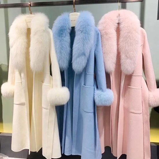  New Fashion Style Double Face Wool Coat With Fox Fur Collar Cuffs Women's Winter Long Coats