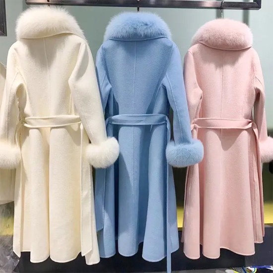  New Fashion Style Double Face Wool Coat With Fox Fur Collar Cuffs Women's Winter Long Coats