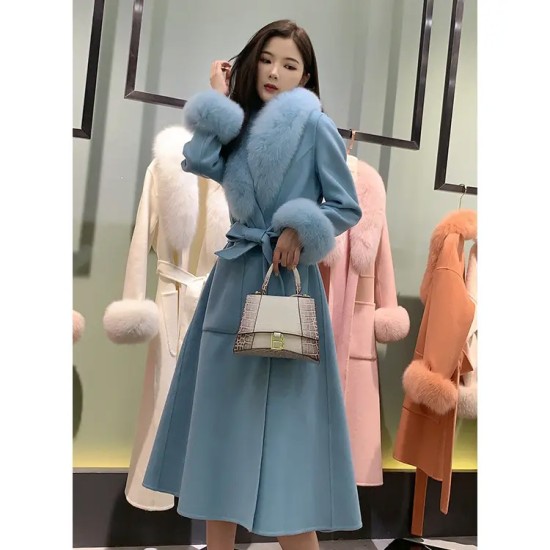  New Fashion Style Double Face Wool Coat With Fox Fur Collar Cuffs Women's Winter Long Coats