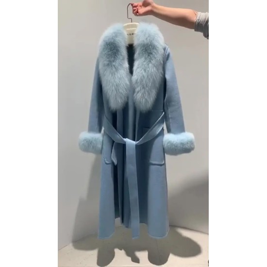  New Fashion Style Double Face Wool Coat With Fox Fur Collar Cuffs Women's Winter Long Coats