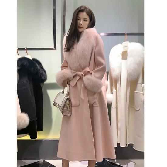  New Fashion Style Double Face Wool Coat With Fox Fur Collar Cuffs Women's Winter Long Coats