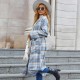 New Designer Autumn And Spring Blue White Plaid Causal Long Sleeve Cardigan Jacket Trench Coat For Women