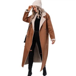 2022 New Fall Winter Clothing Long Turn Down Collar Faux Suede Trench Coat Solid Color Windbreaker Jacket