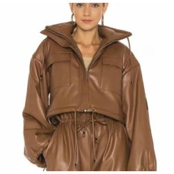 Fashion Women Pu Leather Jacket Balloon Sleeve Women Outerwear