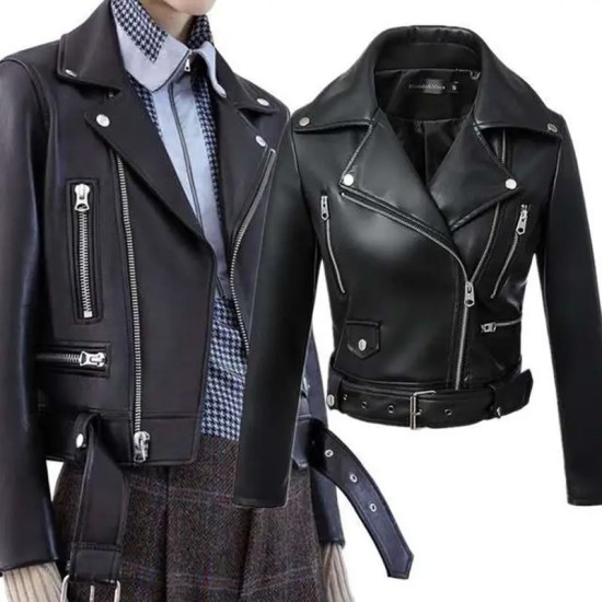 2022 New Arrival Fashion Winter Black Faux Leather Jackets Turn Down Collar Zipper Basic Womens Jacket