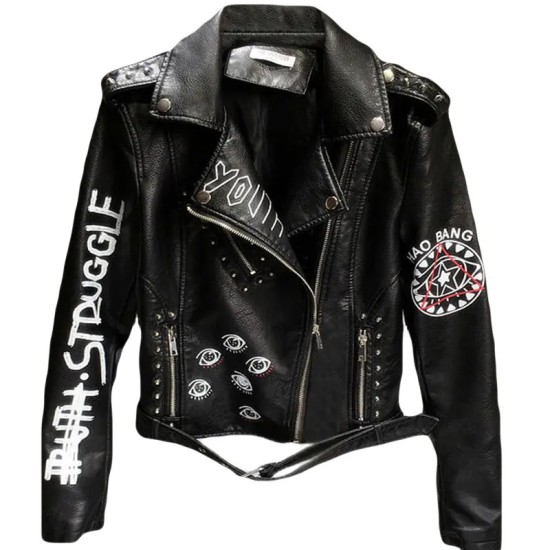 Fashion Custom Fall Hip Hop Graffiti Printing Contrast Color Faux Leather Jacket Zipper Beaded Rivets Belt Womens Jacket