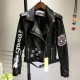 Fashion Custom Fall Hip Hop Graffiti Printing Contrast Color Faux Leather Jacket Zipper Beaded Rivets Belt Womens Jacket