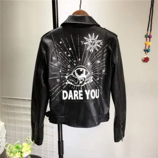 Fashion Custom Fall Hip Hop Graffiti Printing Contrast Color Faux Leather Jacket Zipper Beaded Rivets Belt Womens Jacket