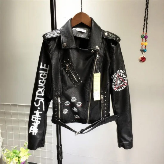 Fashion Custom Fall Hip Hop Graffiti Printing Contrast Color Faux Leather Jacket Zipper Beaded Rivets Belt Womens Jacket