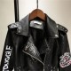 Fashion Custom Fall Hip Hop Graffiti Printing Contrast Color Faux Leather Jacket Zipper Beaded Rivets Belt Womens Jacket