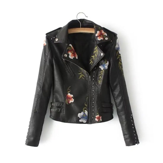 New Spring Vintage Faux Leather Jacket Embroidery Rivet Turn Down Collar Zipper Closure PU Womens Jackets