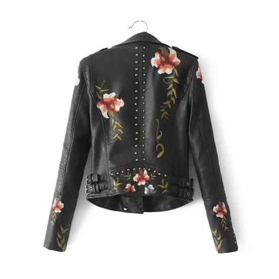 New Spring Vintage Faux Leather Jacket Embroidery Rivet Turn Down Collar Zipper Closure PU Womens Jackets