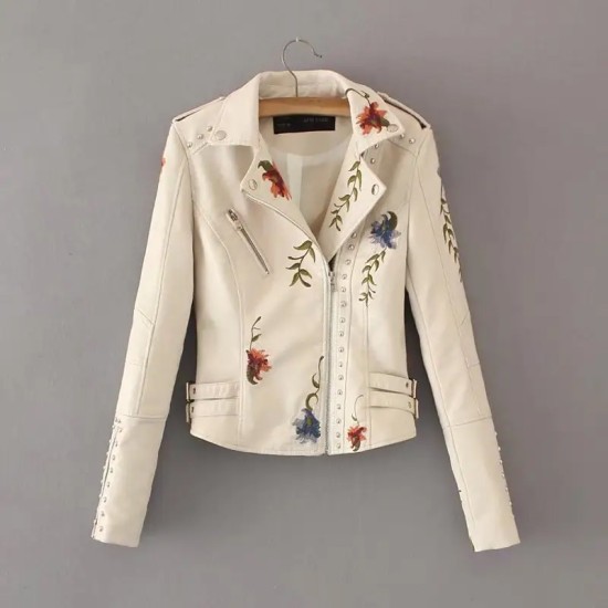 New Spring Vintage Faux Leather Jacket Embroidery Rivet Turn Down Collar Zipper Closure PU Womens Jackets