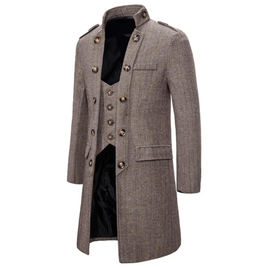 New Arrival Fashion Mid-Length Business Coat Classic Vest False Two Piece Stand Collar Trench Coat For Men