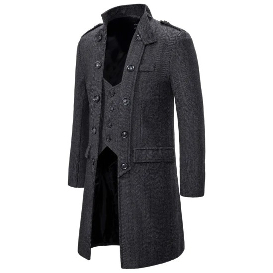 New Arrival Fashion Mid-Length Business Coat Classic Vest False Two Piece Stand Collar Trench Coat For Men