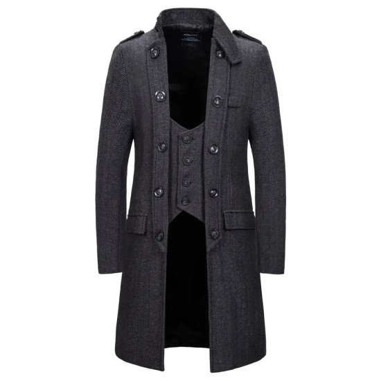 New Arrival Fashion Mid-Length Business Coat Classic Vest False Two Piece Stand Collar Trench Coat For Men